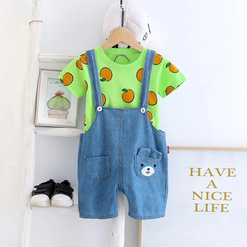 2pcs Fashion Bear Cartoon Print T-shirt and Jumpsuits