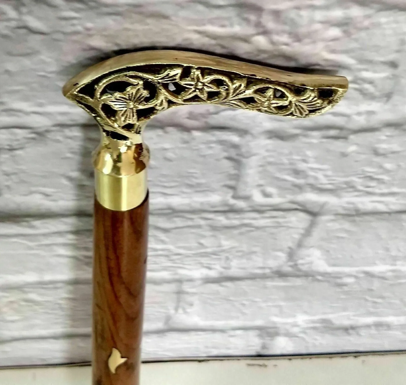 Antique Brass Victorian Handle Wooden Vintage Style Walking Stick Cane Designer