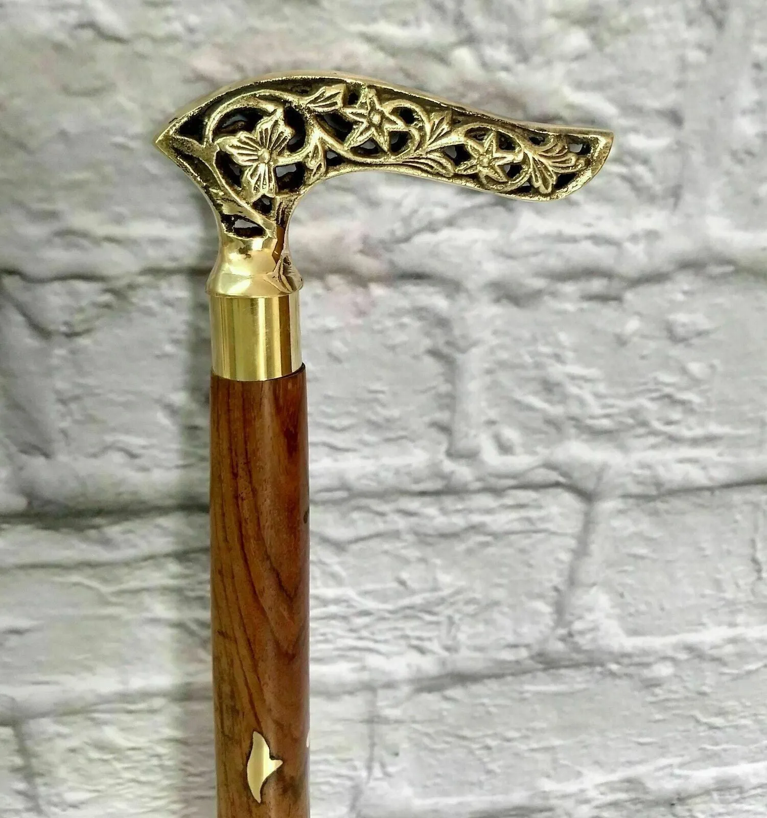 Antique Brass Victorian Handle Wooden Vintage Style Walking Stick Cane Designer