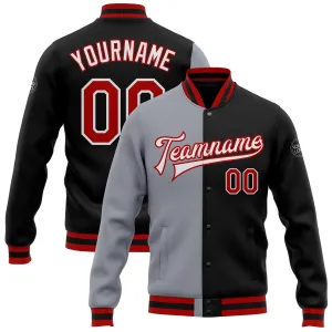 Custom Black Red-Gray Bomber Full-Snap Varsity Letterman Split Fashion Jacket