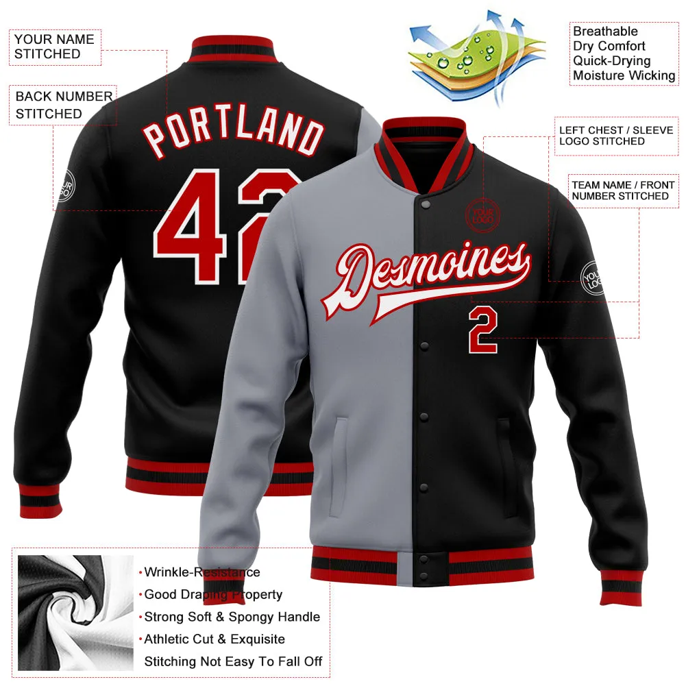 Custom Black Red-Gray Bomber Full-Snap Varsity Letterman Split Fashion Jacket