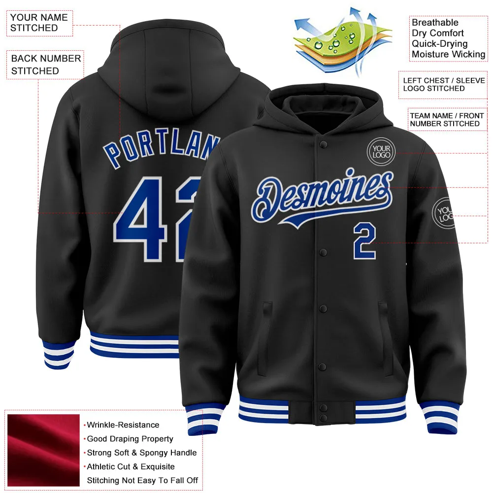 Custom Black Royal-White Bomber Full-Snap Varsity Letterman Hoodie Jacket