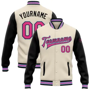 Custom Cream Pink Black-Light Blue Bomber Full-Snap Varsity Letterman Two Tone Jacket