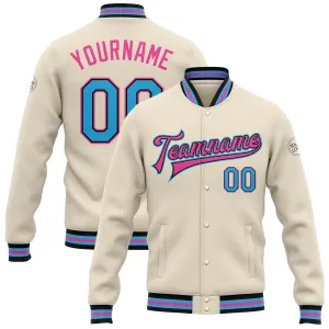 Custom Cream Sky Blue Black-Pink Bomber Full-Snap Varsity Letterman Jacket