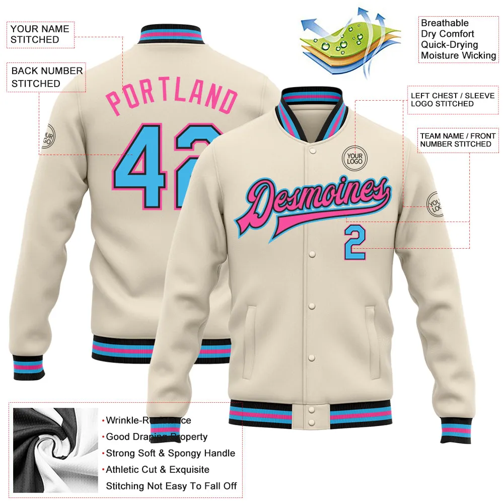 Custom Cream Sky Blue Black-Pink Bomber Full-Snap Varsity Letterman Jacket