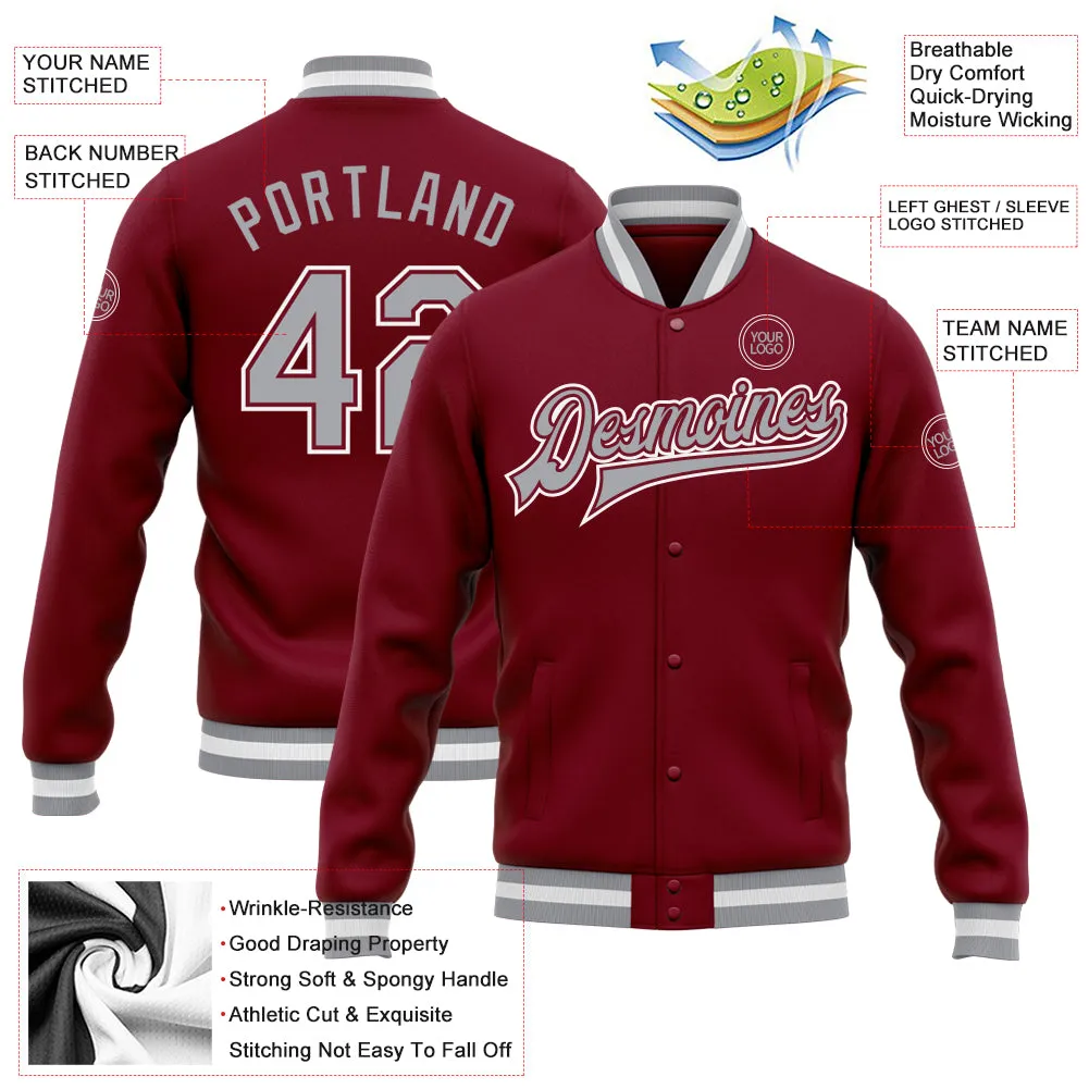 Custom Crimson Gray-White Bomber Full-Snap Varsity Letterman Jacket