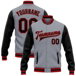 Custom Gray Black-Red Bomber Full-Snap Varsity Letterman Two Tone Jacket