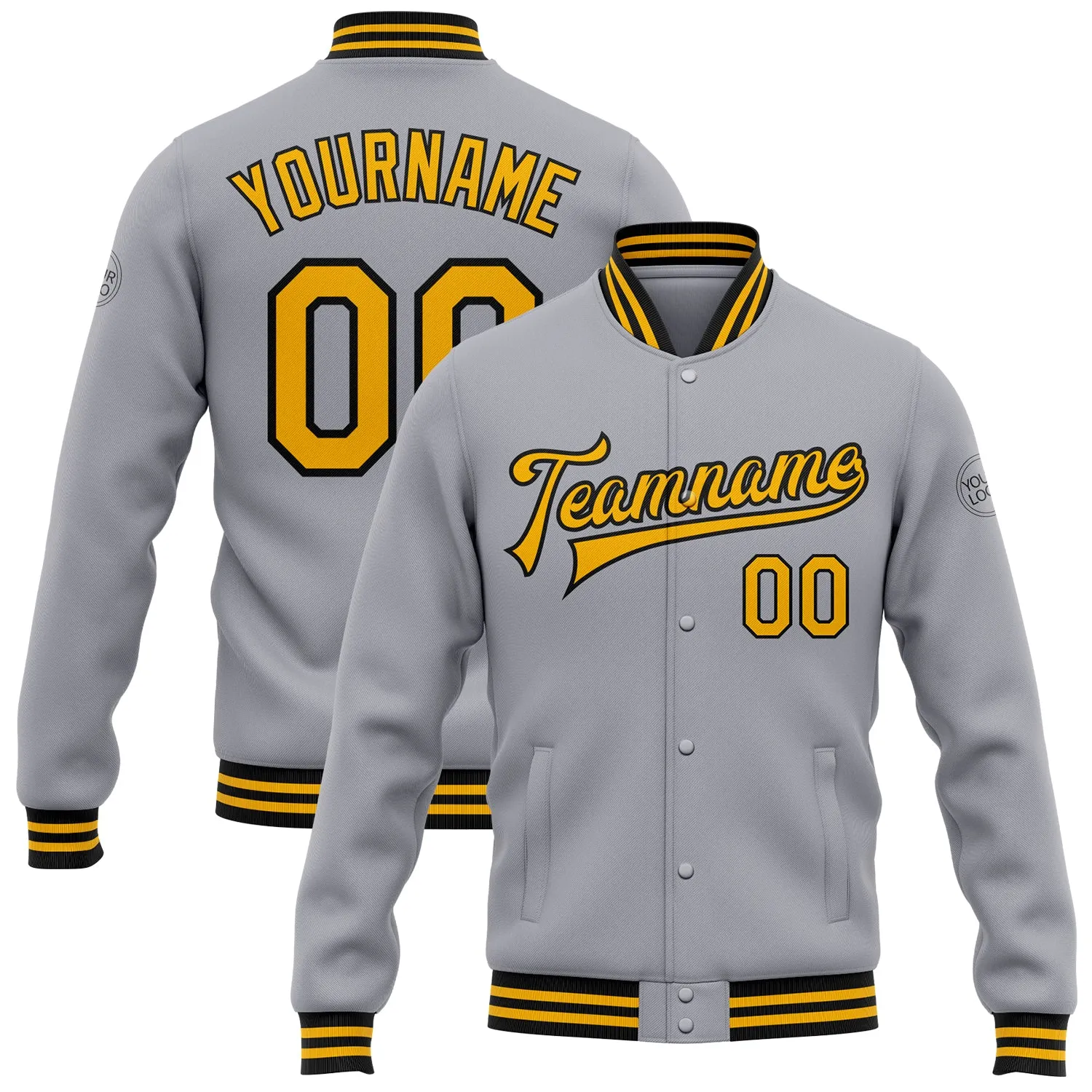 Custom Gray Gold-Black Bomber Full-Snap Varsity Letterman Jacket