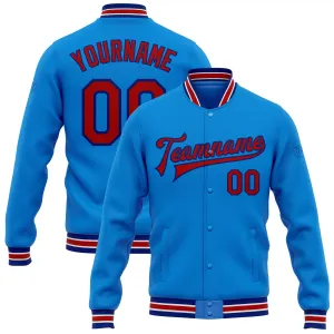 Custom Powder Blue Red-Royal Bomber Full-Snap Varsity Letterman Jacket