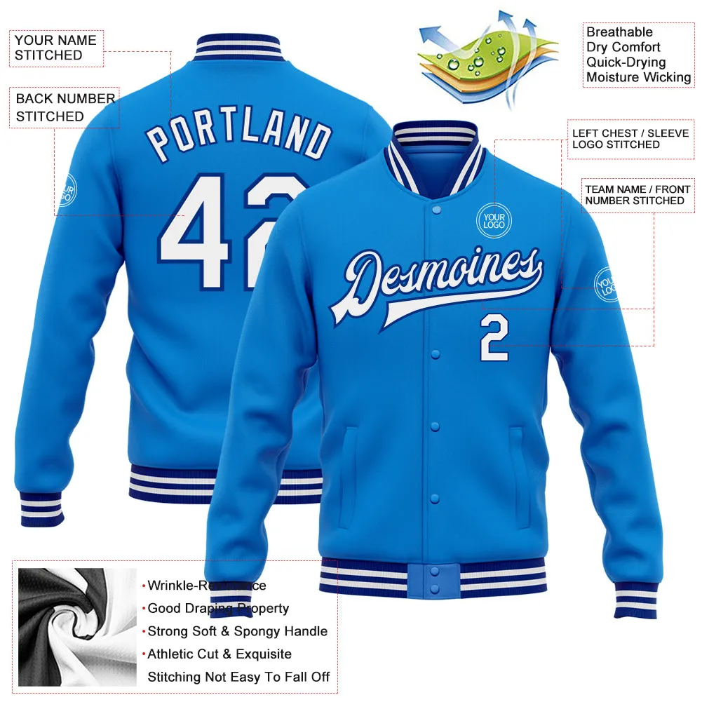 Custom Powder Blue White-Royal Bomber Full-Snap Varsity Letterman Jacket