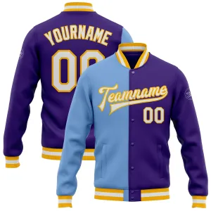 Custom Purple White Light Blue-Gold Bomber Full-Snap Varsity Letterman Split Fashion Jacket