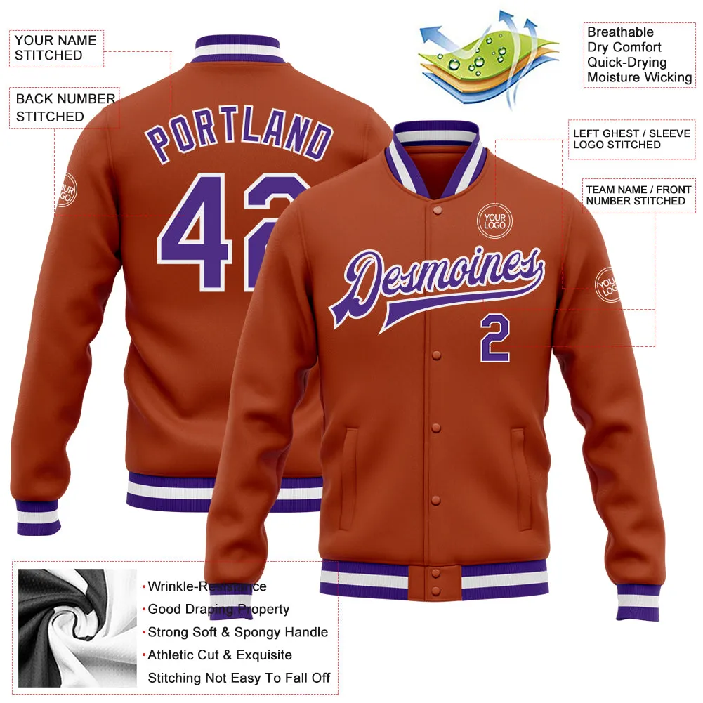 Custom Texas Orange Purple-White Bomber Full-Snap Varsity Letterman Jacket