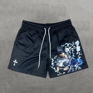 Fashion Anime Print Mesh Drawstring Shorts