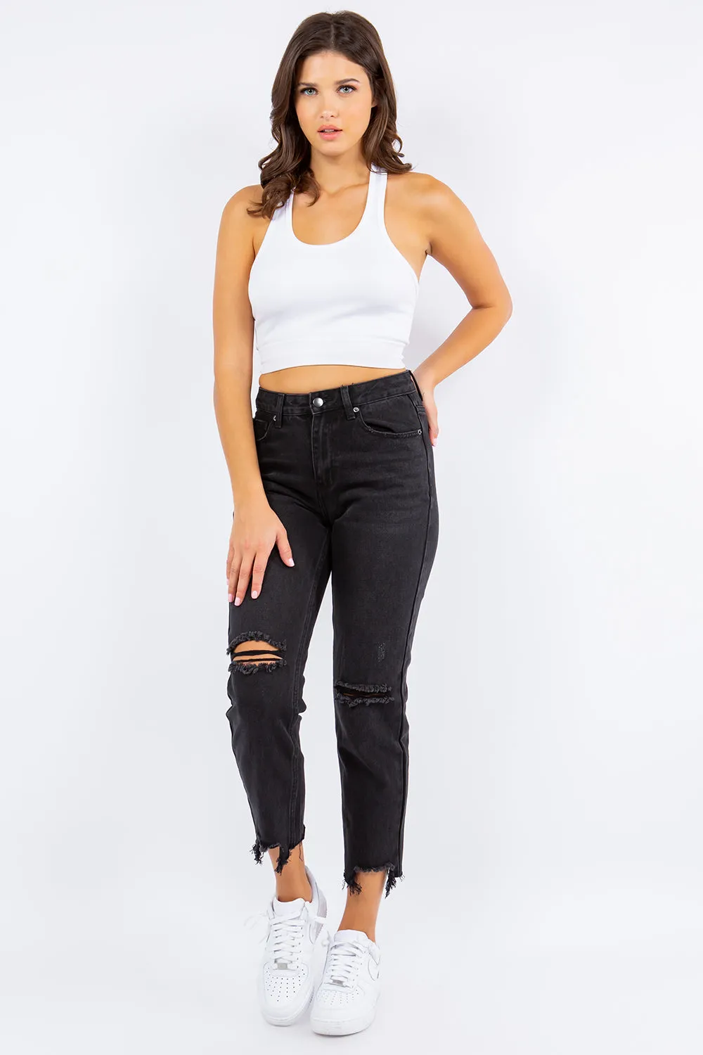 High Waist Distressed Cropped Straight Jeans