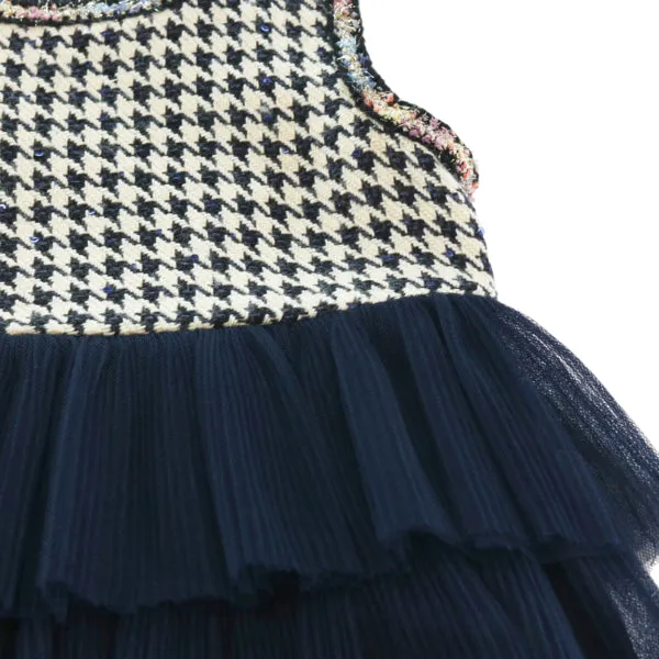 Houndstooth Chiffon Tiered Dress - Beige/Navy