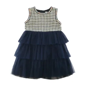 Houndstooth Chiffon Tiered Dress - Beige/Navy