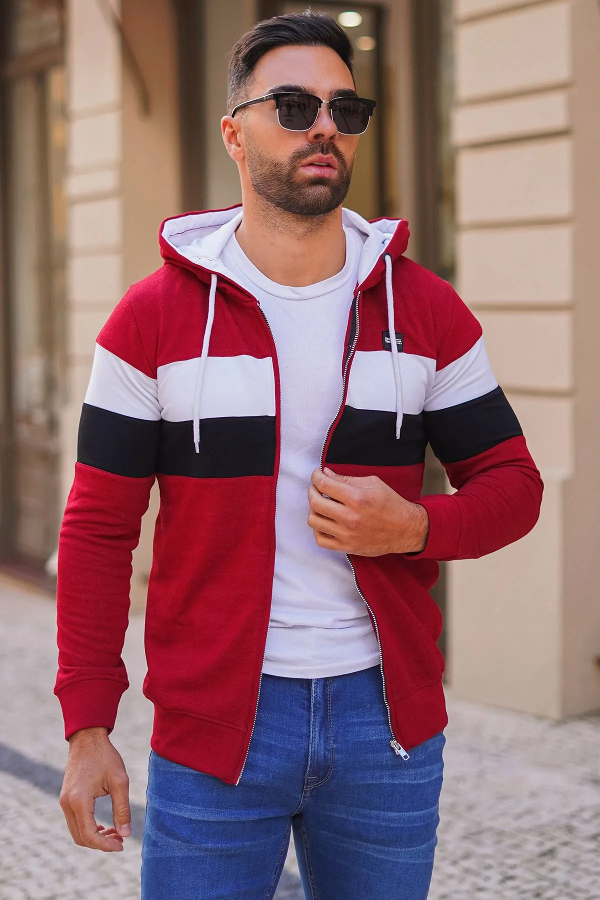 Maroon Tri-Color Zipper Hoodie - W23 - MH0067R