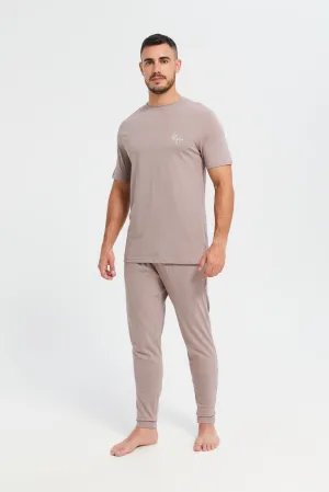 Men Pink Plain T-Shirt And  Pants Pyjama Set (2 Piece)