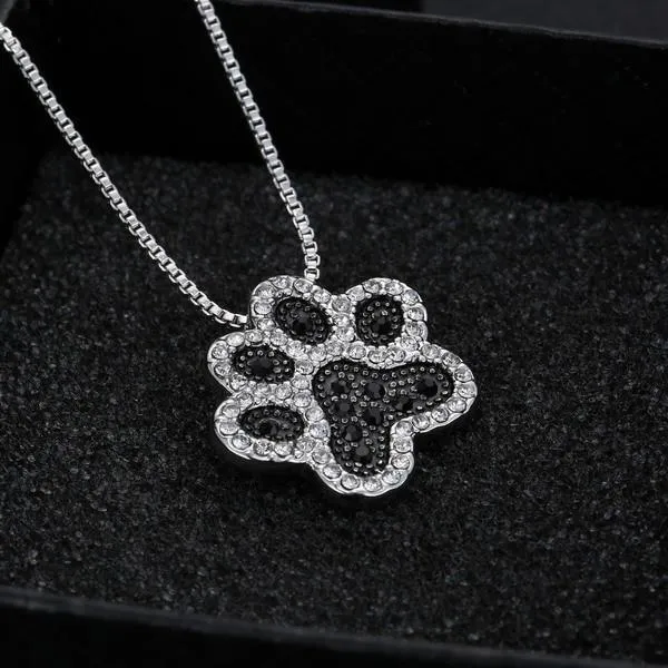 Paw Necklace, Fashion Silver Plated Black and White or White CZ Pet Paw Necklace-So Sweet for the Pet Lover!!