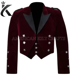 Premium Burgundy Velvet Scottish Prince Charlie Kilt Jacket with Vest