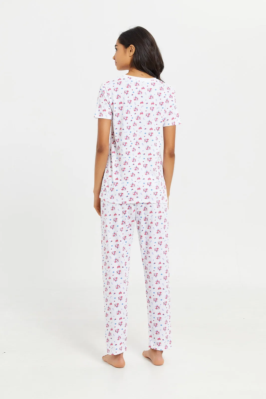 Senior Girls White Printed Pyjama Set (2 Piece)