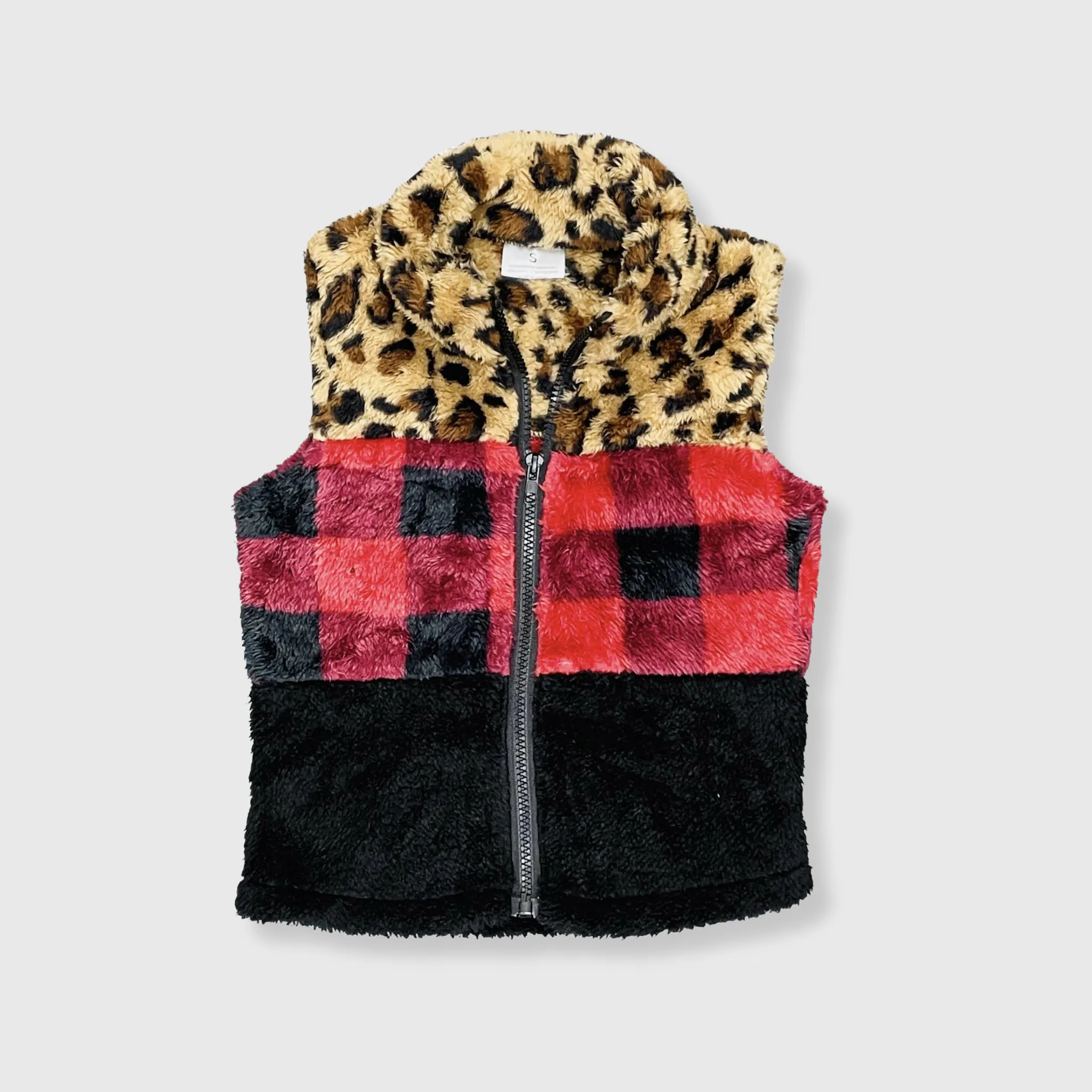 Sherpa Color Block Plaid Cheetah Vest Kids