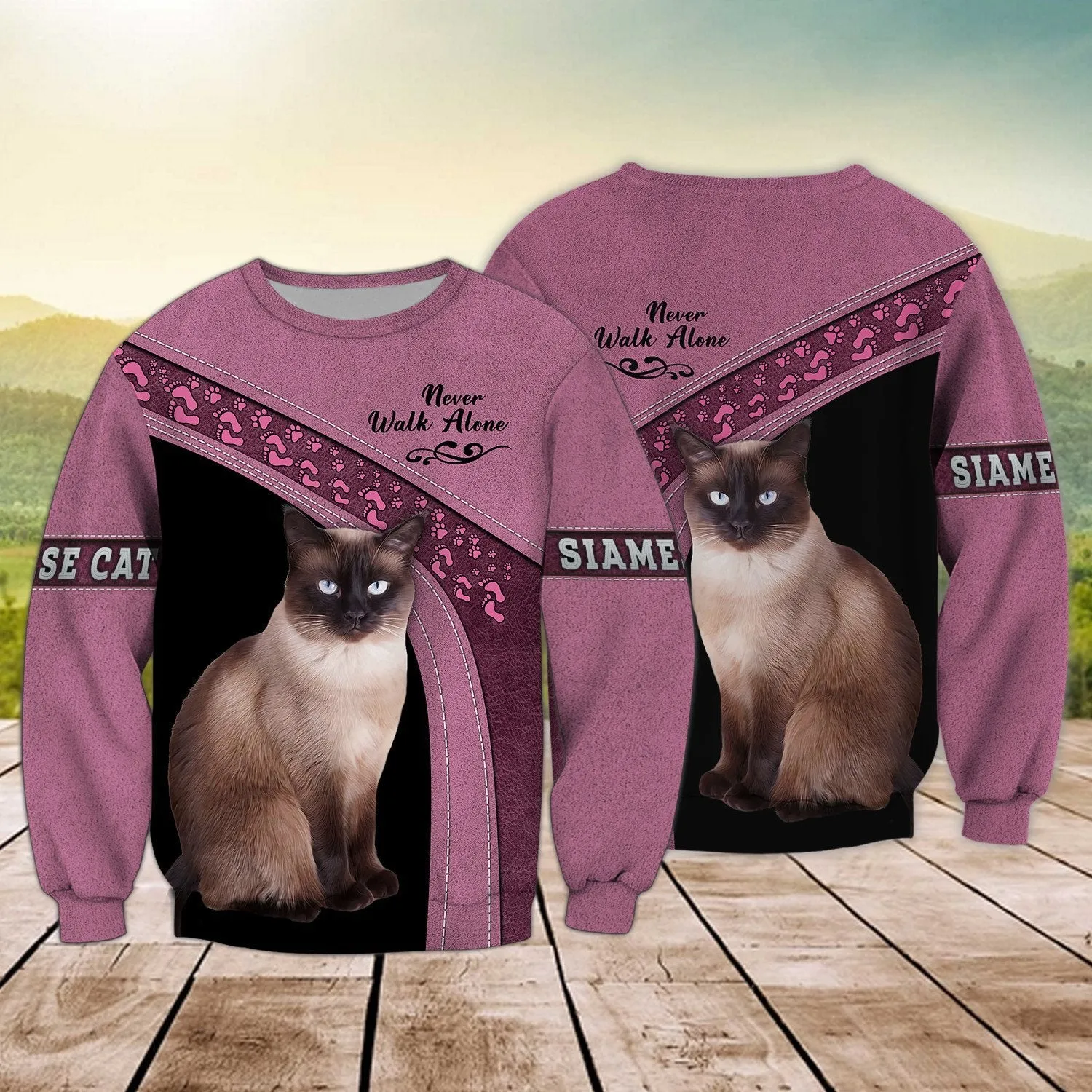 Siamese Cat Love Never Walk Alone 3D Full Print Sweatshirt, Christmas Gift for Loss of Cat