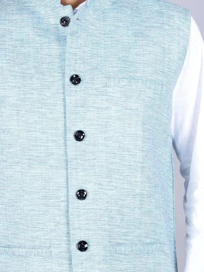 Sky Blue & White Handwoven Cotton Modi Jacket