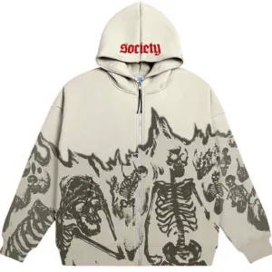 Society Skeletons Flame Print Zipper Grunge Hoodie