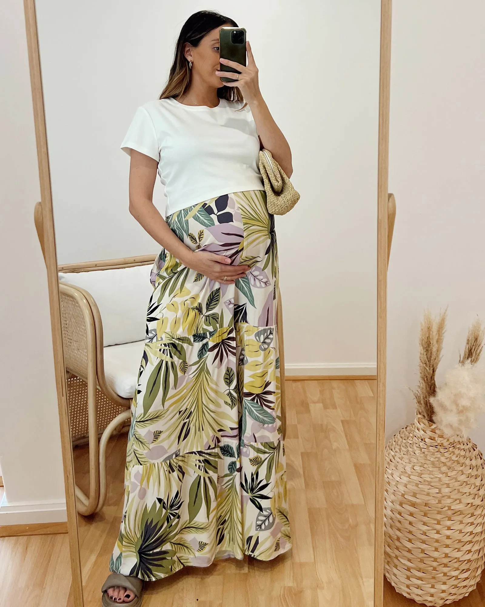 Stacie Wide Leg Maternity Ruffled Pants in Green Flora