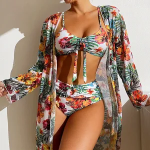 Swimsuit long sleeve blouse, split three-piece set printed sexy swimsuit women