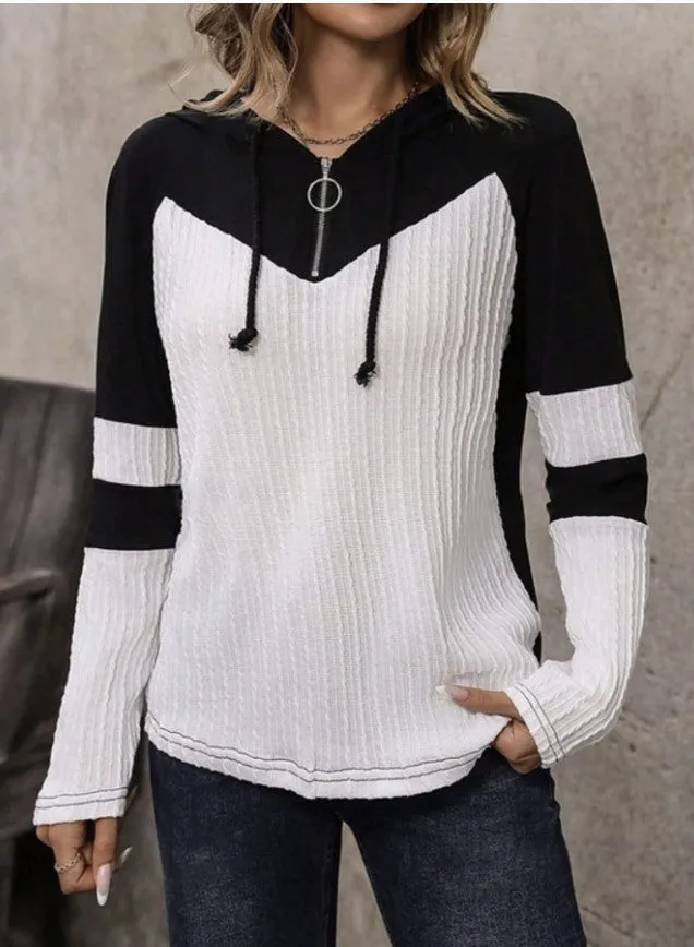 White/Black Knit Zipper Hoodie - #8566-8570