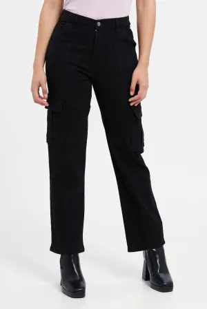 Women Black Cargo Wide Leg Jeans