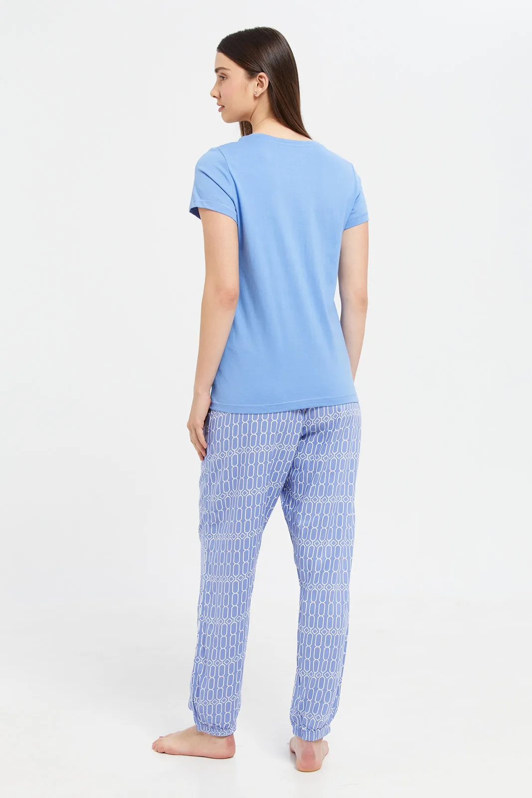 Women Blue Chest Print Short Sleeve Pyjama Set (2 Piece)