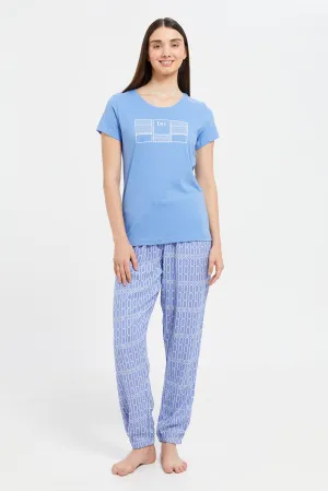 Women Blue Chest Print Short Sleeve Pyjama Set (2 Piece)