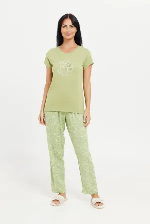 Women Green Printed Pajama Set (2 Piece)