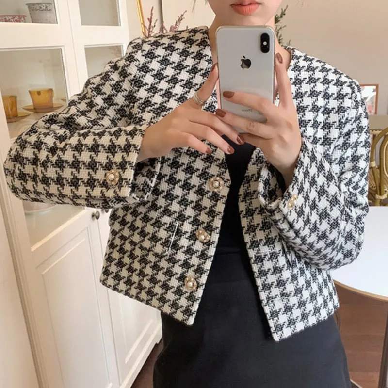 Women's Houndstooth Short Elegance V-neck Jacket