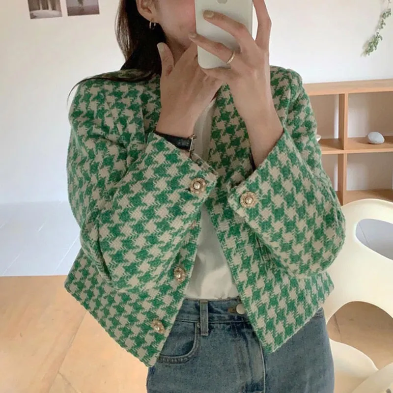 Women's Houndstooth Short Elegance V-neck Jacket