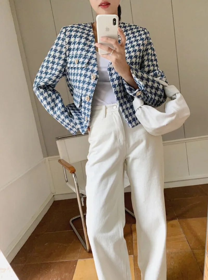 Women's Houndstooth Short Elegance V-neck Jacket