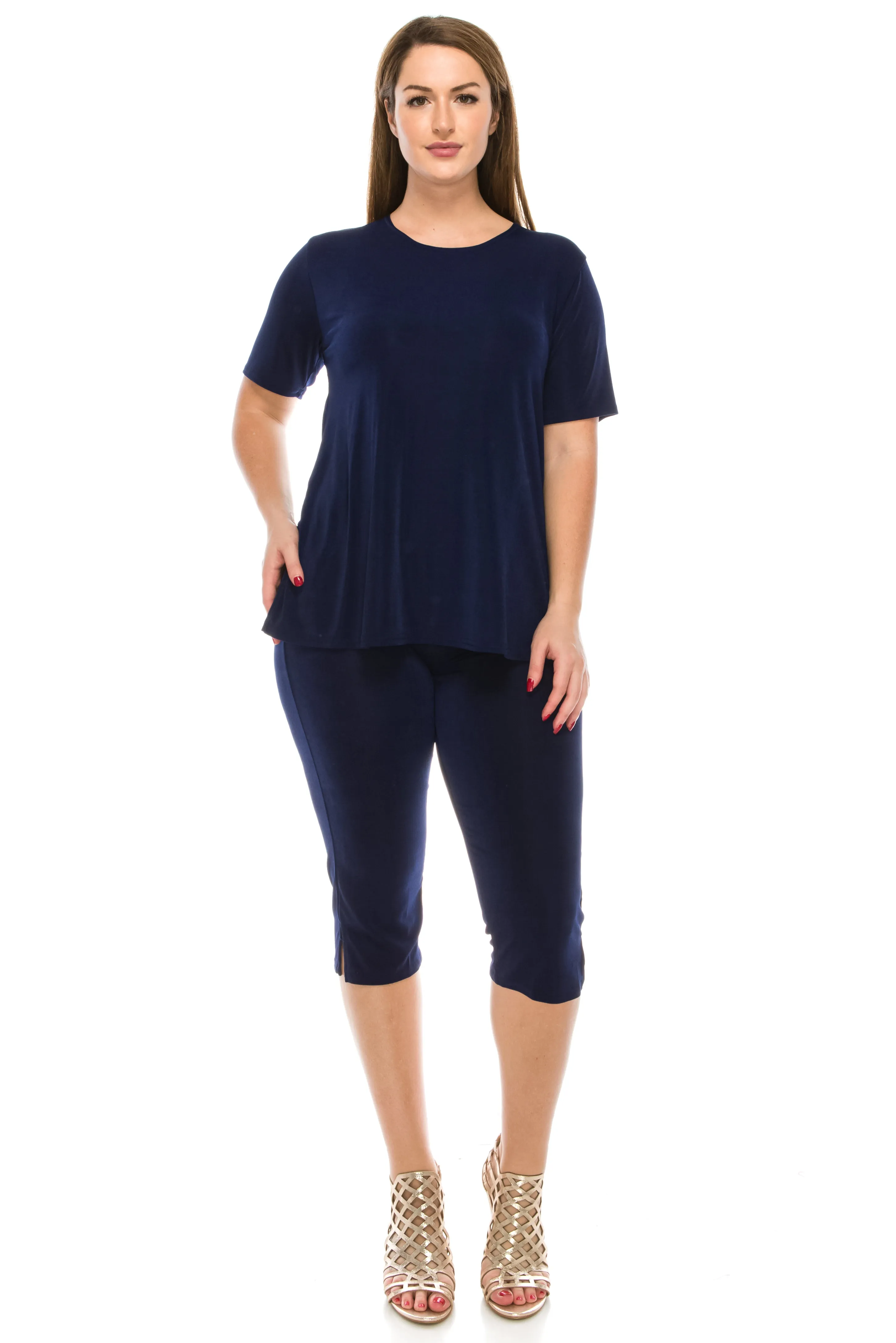 Women's Stretchy Capri Pant Set Short Sleeve-9003BN-SRS1